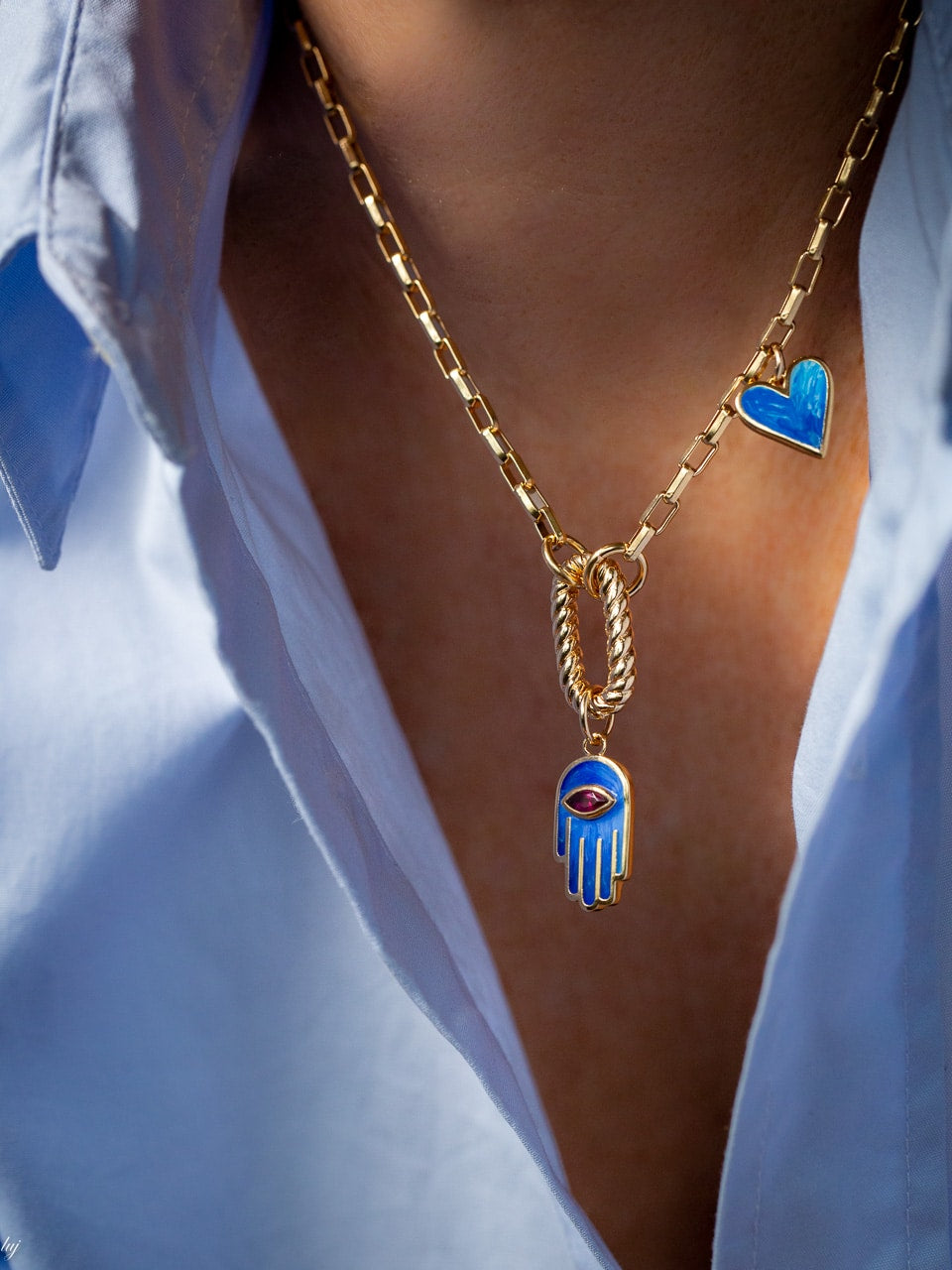 Lina Choker Necklace, Rectangular Chain with Hand & Heart Enamel Pendants